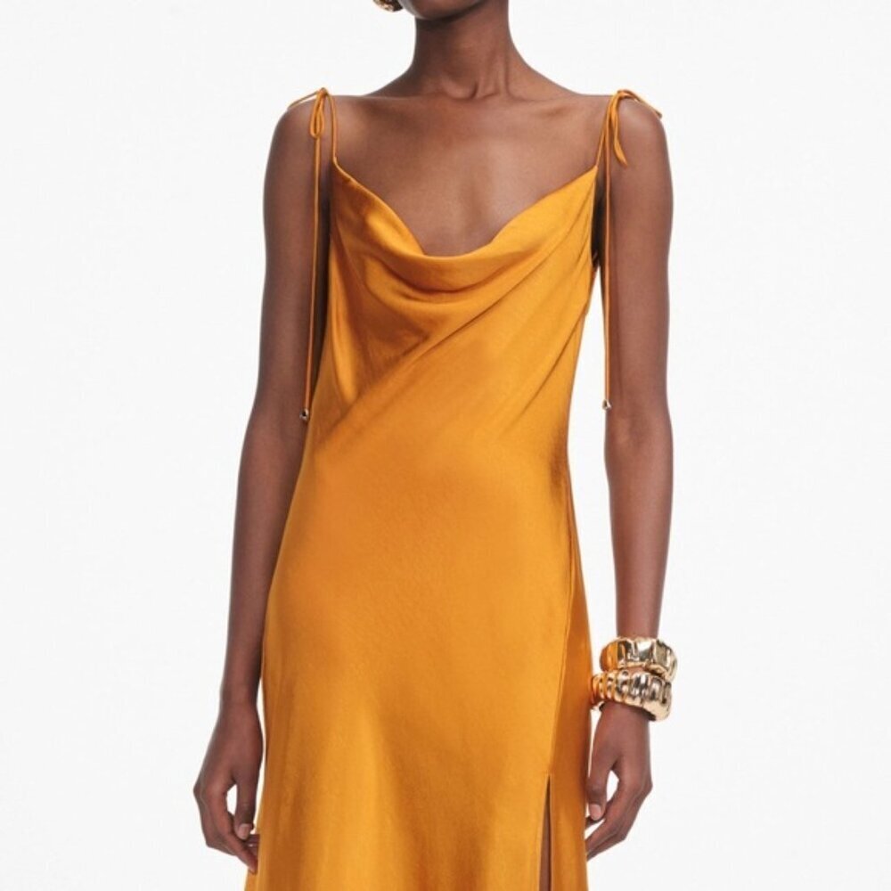 NEW Self-Portrait Burnt Orange Satin Midi Dress Lace | US 0 UK 4 - Picture 4 of 12